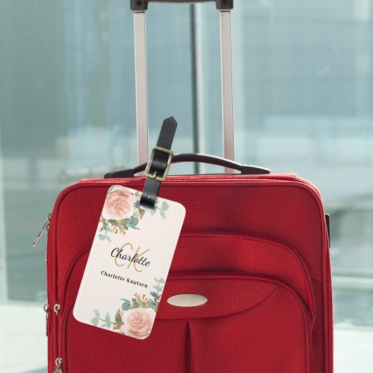 Goldflorchen aus beigefarbener Rose, monogramm, el Gepäckanhänger