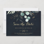 Goldflorenkalligrafie Blaue horizontale Hochzeit Save The Date (Vorderseite)