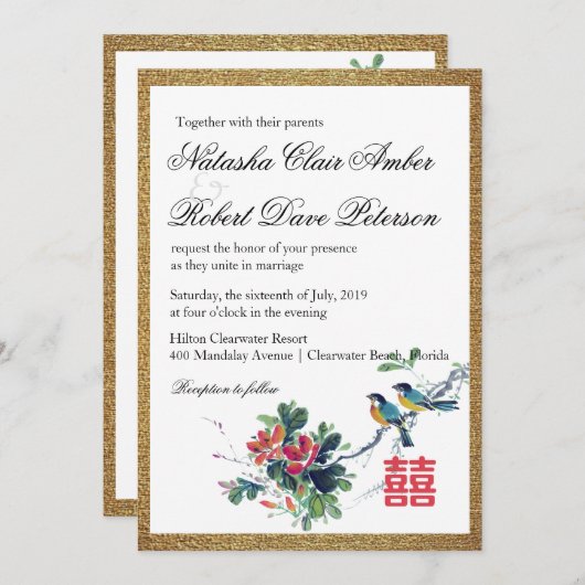 Goldflorenvogel Xi Hochzeit Einladung (Vorne/Hinten)