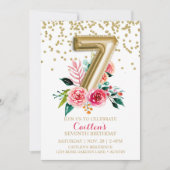 Goldfoil Ballon 7. Geburtstag Blumengestein Wilde  Einladung (Vorderseite)