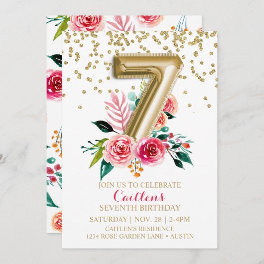 Goldfoil Ballon 7. Geburtstag Blumengestein Wilde  Einladung (Vorne/Hinten)