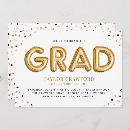 Goldfoil Ballon Confetti Dots Graduation Party Einladung (Vorne/Hinten)