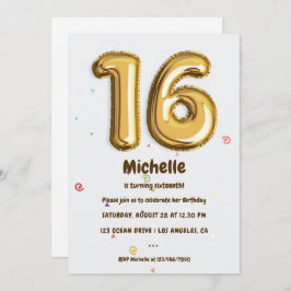 Goldfoil Ballon und Confetti 16. Geburtstagsparty Einladung