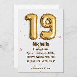 Goldfoil Ballon und Confetti 19. Geburtstagsparty Einladung
