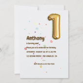 Goldfoil Ballon und Confetti 1. Geburtstag Einladung (Vorderseite)