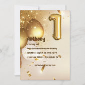 Goldfoil Ballon und Confetti 1. Geburtstag Einladung (Vorderseite)