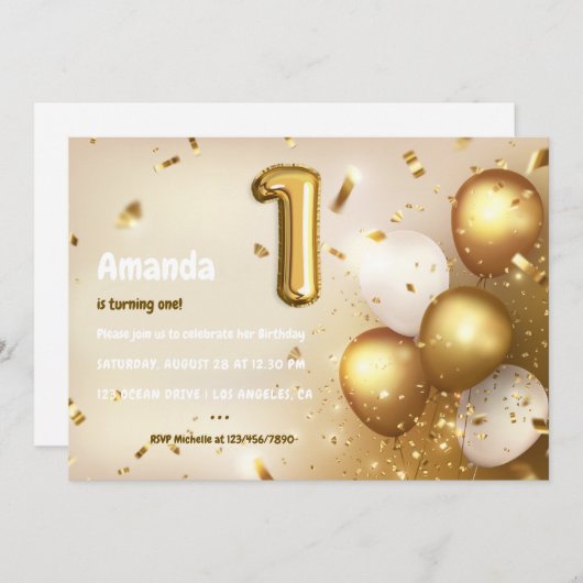 Goldfoil Ballon und Confetti 1. Geburtstag Invita Einladung (Vorne/Hinten)