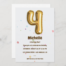 Goldfoil Ballon und Confetti 4. Geburtstags-Party Einladung