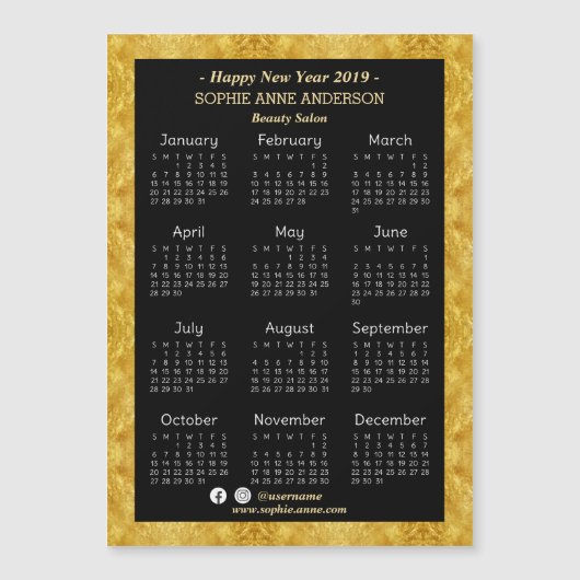 Goldfoil Beauty Salon Mini Kalender 2019 Magnetkarte (Vorderseite)