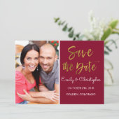 Goldfoil & Burgundy Marsala Save the Date Foto (Stehend Vorderseite)