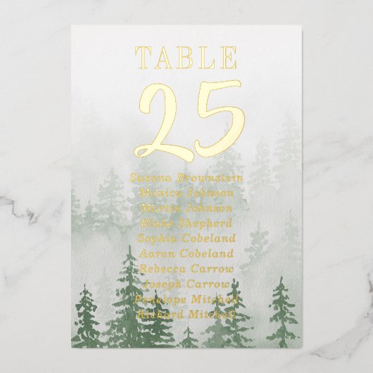 Goldfoil-Hochzeit-Tischnummern Evergreen Forest Folieneinladung (Vorderseite)