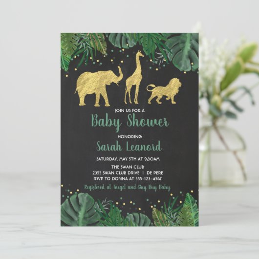 Goldfoil Jungle Safari Tierdusche Einladung (Stehend Vorderseite)
