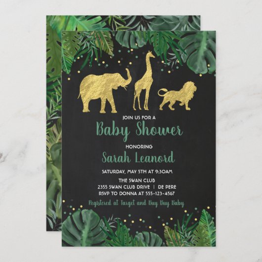 Goldfoil Jungle Safari Tierdusche Einladung (Vorne/Hinten)