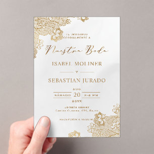 Goldfoil Lace Verziert Nuestra Boda Spanische Hoch Acryleinladungen