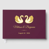 Goldfoil-Schwäne auf Burgunder Hochzeit Gästebuch (Vorderseite)
