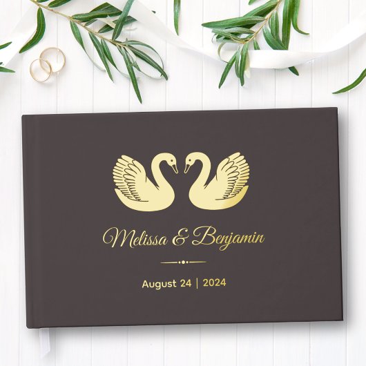 Goldfoil-Schwäne auf Dunkelbraune Hochzeit Gästebuch