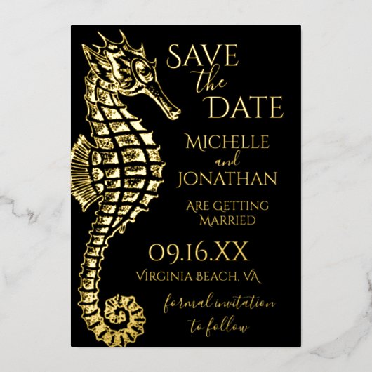 Goldfoil Seepferd Beach Hochzeit Save the Date Folieneinladung (Vorderseite)