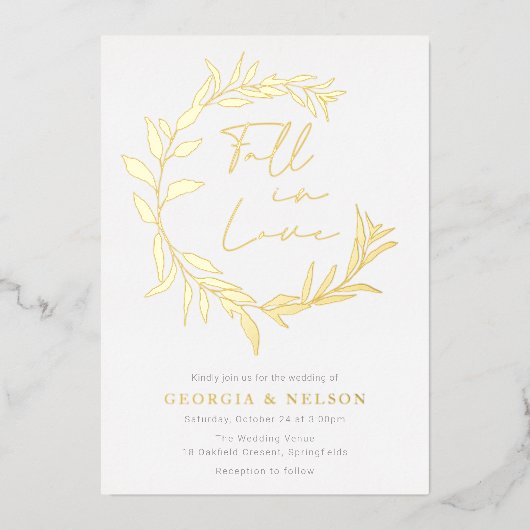 Goldfoil Verlasst Kranzfall in der Liebe Hochzeit Folieneinladung (Vorderseite)