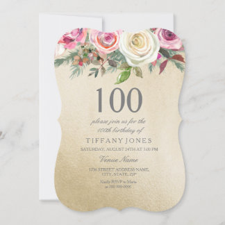 Goldfoil Weißrosa Rose 100. Geburtstag Einladung
