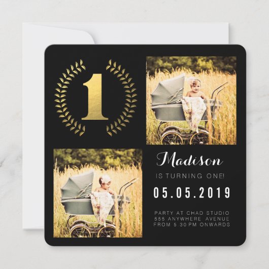 Goldfoildraht 1. Geburtstag Foto-Karten Einladung (Vorderseite)