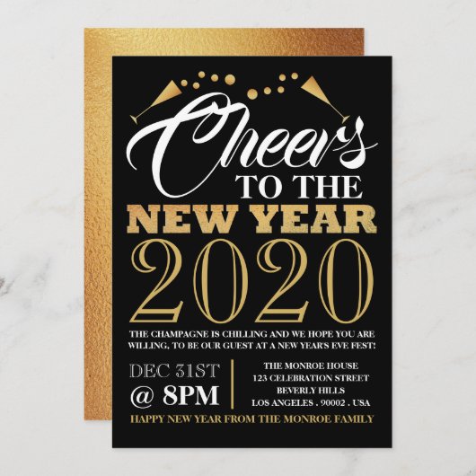 Goldfoileffekt, Champagnerbläschen, Neujahr Einladung (Vorne/Hinten)