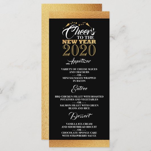 Goldfoileffekt, Champagnerbläschen, Neujahrsmenü Menükarte (Vorne/Hinten)