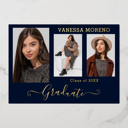 Goldfolie 3 Foto Moderne Kalligraphie Grad Blu Folieneinladung (Vorderseite)