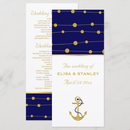 Goldfolie ankern nautisches Hochzeitsprogramm Programm (Vorne/Hinten)