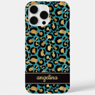 Goldfolie auf Teal-Leopardenprint-Monogramm iPhone 16 Pro Max Hülle