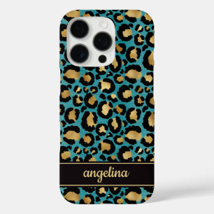 Goldfolie auf Teal-Leopardenprint monogrammiert iPhone 16 Pro Hülle