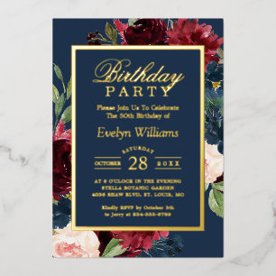 Goldfolie   Birgundy Navy Floral Birthday Party Folieneinladung