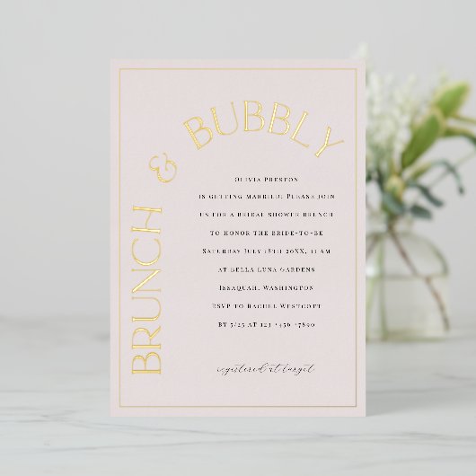 Goldfolie Brunch & Bubbly Bridal Dusche Einladung (Stehend vorne)