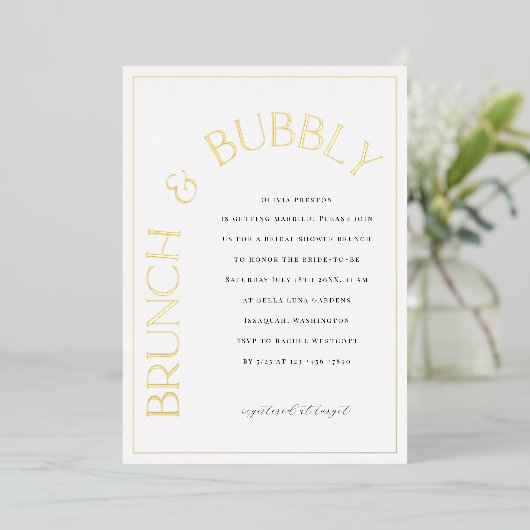 Goldfolie Brunch & Bubbly Bridal Dusche Einladung (Stehend vorne)