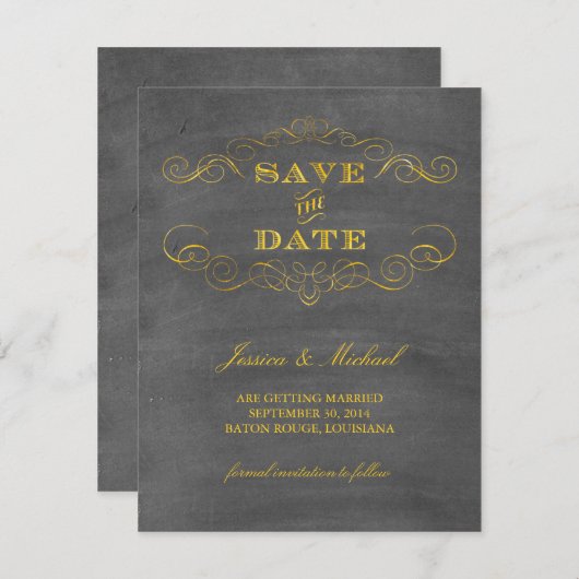 Goldfolie-Chalkboard Save the Date (Vorne/Hinten)