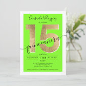 Goldfolie-Chic-Drehbuch Neon Green Quinceanera Fot Einladung (Stehend Vorderseite)