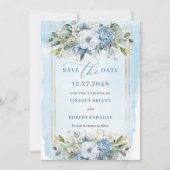 Goldfolie Dusty Blue White Floral Save the Date Einladung (Vorderseite)