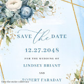 Goldfolie Dusty Blue White Floral Save the Date Einladung