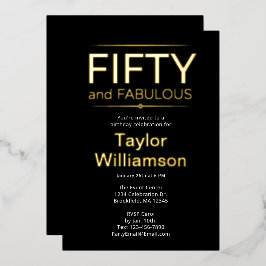 Goldfolie Fünfzig und Fantastisch auf schwarzem we Folieneinladung