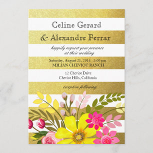Goldfolie gestreifte Folklore Blumen Hochzeit gelb Einladung