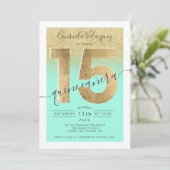 Goldfolie-Glitzer-Skript Minze Quinceanera-Foto Einladung (Stehend Vorderseite)