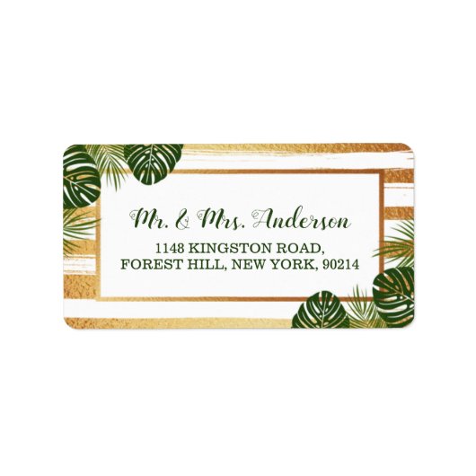 Goldfolie & Green Palm Leaf Beach Hochzeit Adressaufkleber (Vorne)