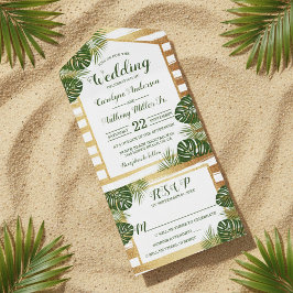 Goldfolie & Green Palm Leaf Beach Hochzeit All In One Einladung