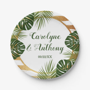 Goldfolie & Green Palm Leaf Beach Hochzeit Pappteller