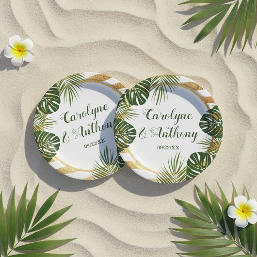 Goldfolie & Green Palm Leaf Beach Hochzeit Pappteller