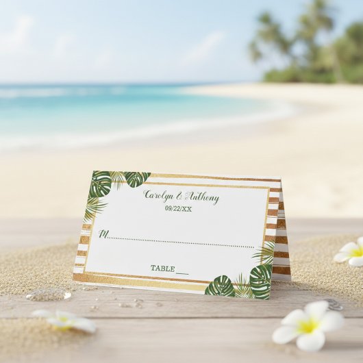 Goldfolie & Green Palm Leaf Beach Hochzeit Platzkarte
