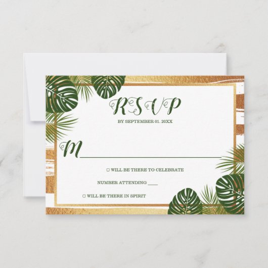 Goldfolie & Green Palm Leaf Beach Hochzeit RSVP Karte (Vorderseite)