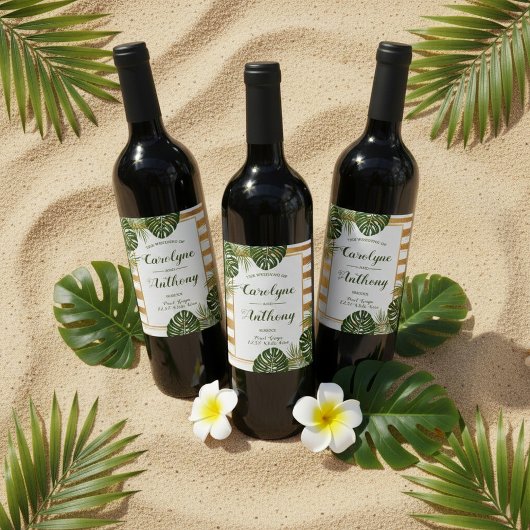 Goldfolie & Green Palm Leaf Beach Hochzeit Weinetikett