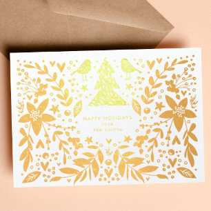 Goldfolie Hübsche Vögel und Blumen Weihnachtskarte Folienkarte