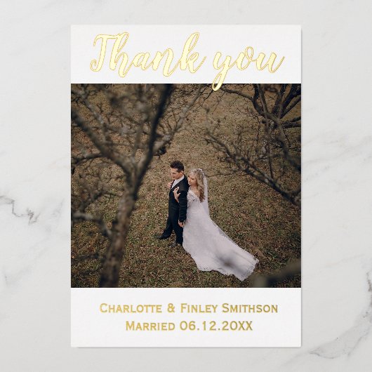 Goldfolie modern 2 Foto Hochzeit danke Karte (Vorderseite)