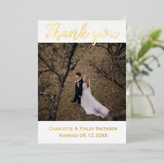 Goldfolie modern 2 Foto Hochzeit danke Karte (Stehend vorne)